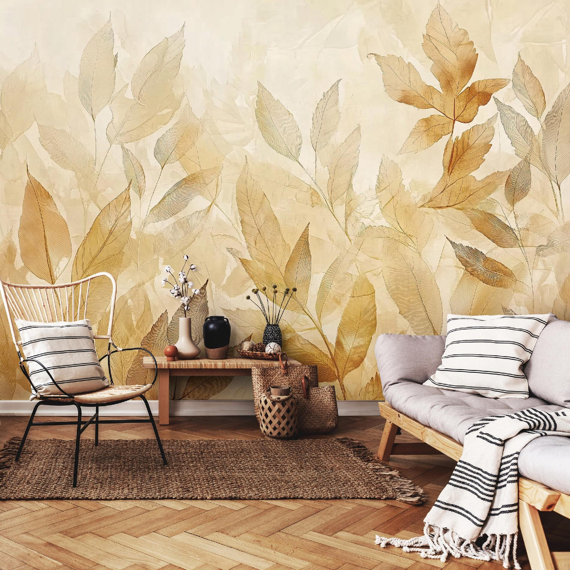 FOTOTAPETE Blätter Gold Natur Vlies Tapete Wohnzimmer Schlafzimmer 350x250 - Multicolor, Papier (350/250cm) - Wallarena