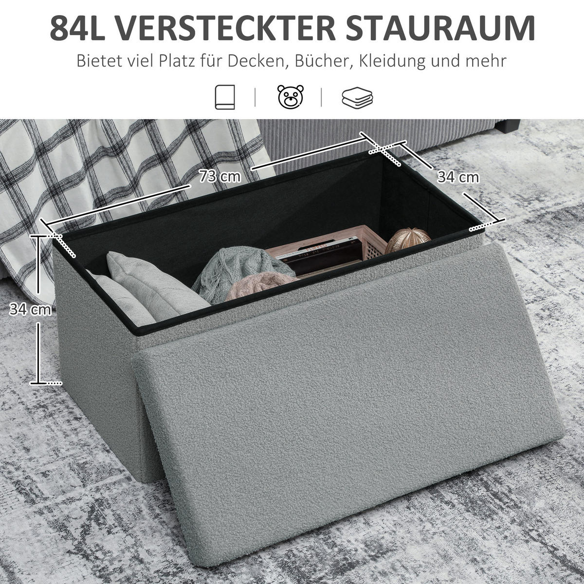 SITZBANK mit Stauraum, faltbar Polsterbank, Bettbank mit Samtoptik, Sitztruhe - Dunkelgrau, Textil (38/38/76cm) - HOMCOM