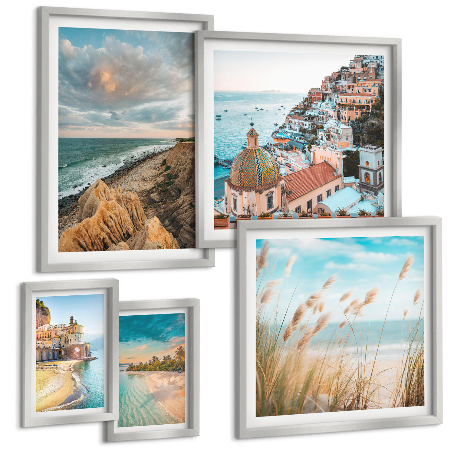 BILDER SET 5er Set - 50x50 cm & 20x30 cm & 40x60 cm Silberner Rahmen - Landschaften Strand Stadt Klippen - Silberfarben, Kunststoff (40/60cm) - TULUP