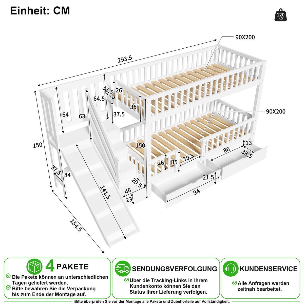 ETAGENBETT 90/200 cm & 90/200 cm in Weiß mit 2 Schubladen, Rutsche und Treppe Massivholz - Weiß, Holz/Holzwerkstoff (90/200cm) - CHICFURN