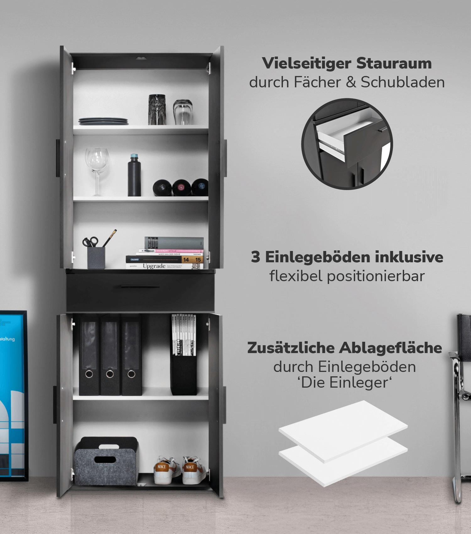 MEHRZWECKSCHRANK Der Praktische - Anthrazit/Schwarz, Holzwerkstoff (60/180/34cm) - Mokebo