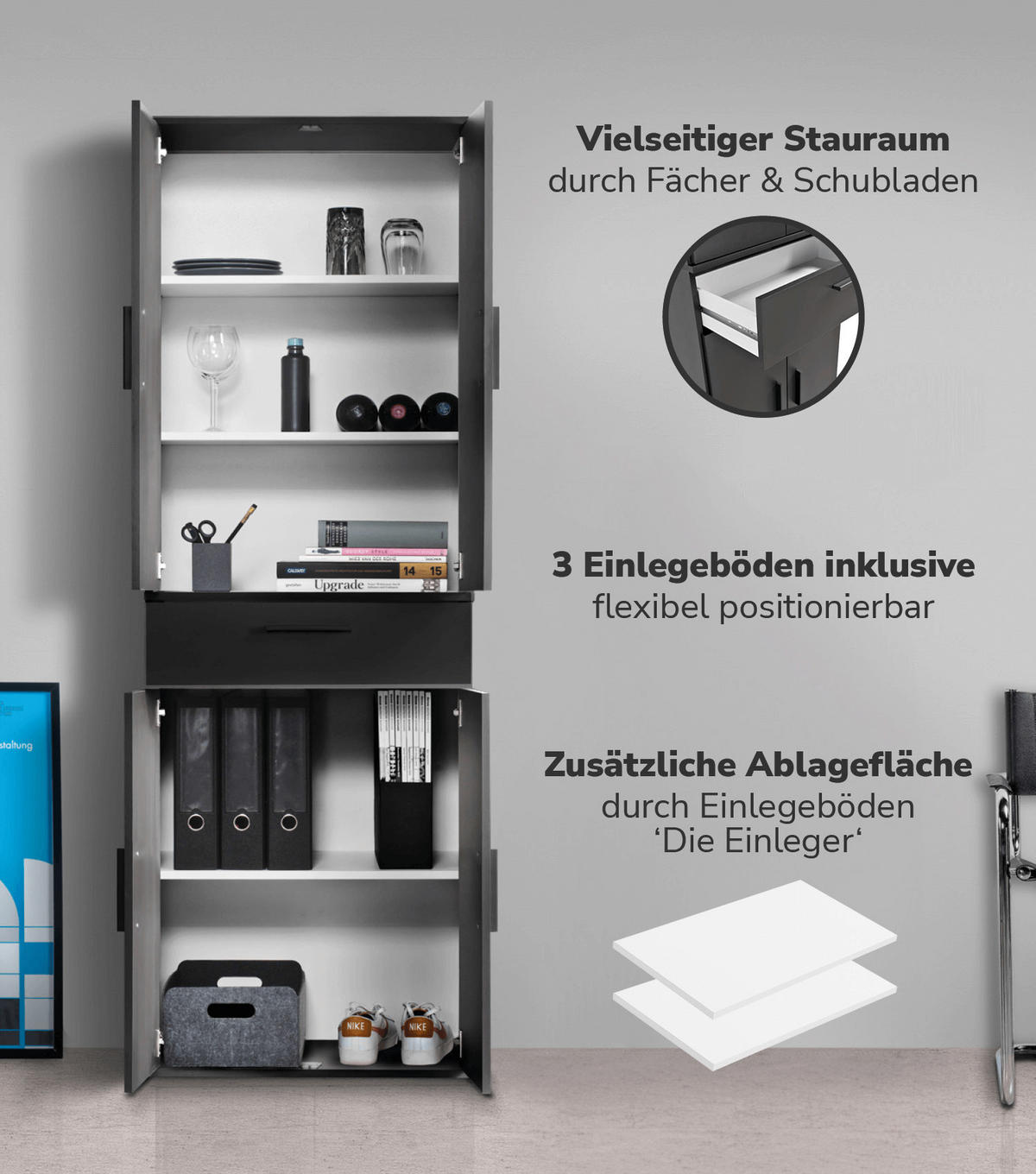 MEHRZWECKSCHRANK Der Praktische - Anthrazit/Schwarz, Holzwerkstoff (60/180/34cm) - Mokebo