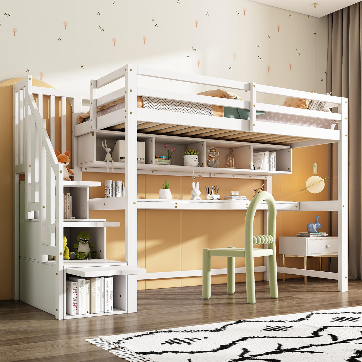 KINDERHOCHBETT aus Massivholz 90x200 cm Weiß mit Stauraumtreppe, Schreibtisch und Regalen - Weiß, Holz (90/200cm) - Modfu