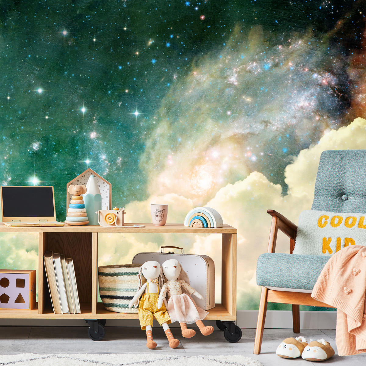 FOTOTAPETE für Kinderzimmer Kosmische Nebelwolken Sterne Galaxie Mystisch 350x256 - Türkis/Pastellgrün, Papier (350/256cm) - Muralo