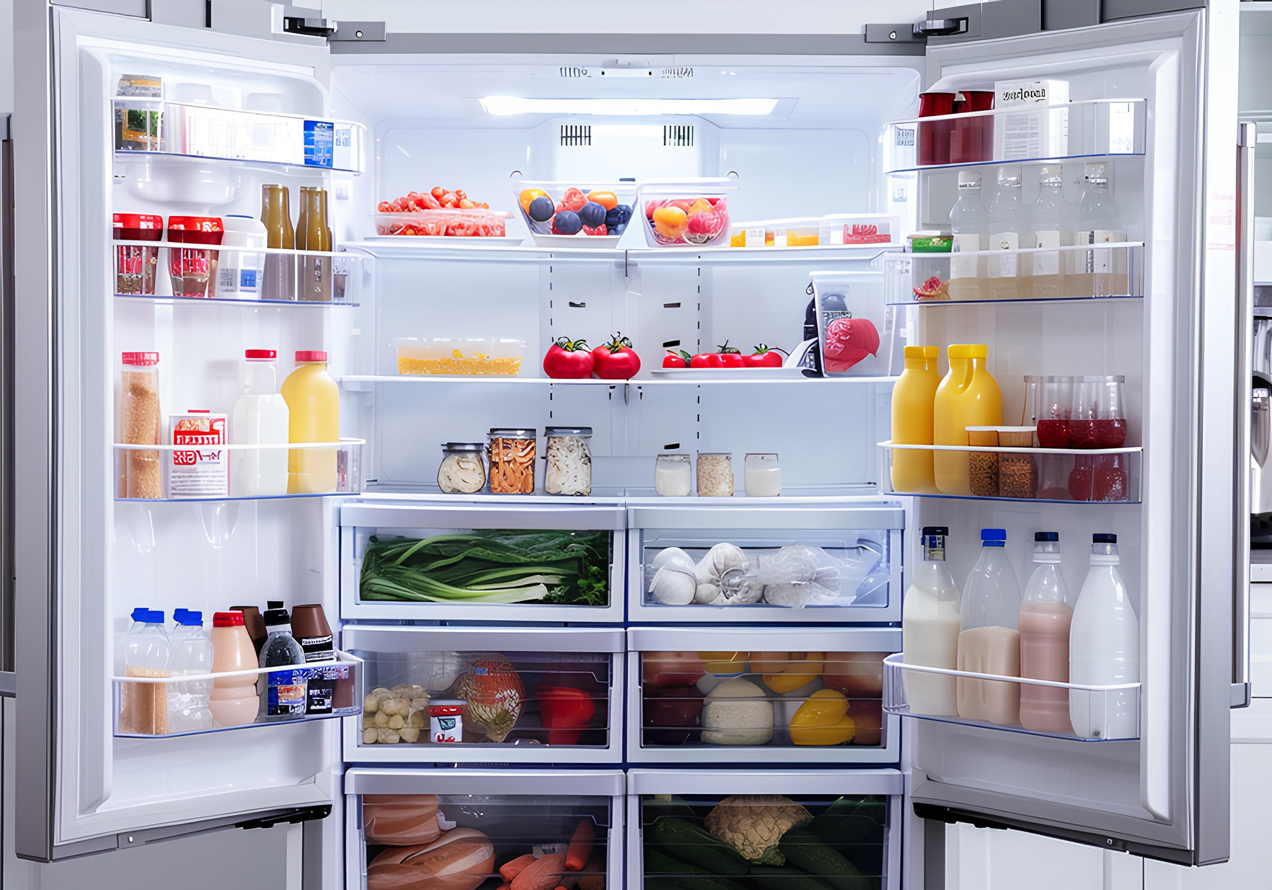 offener, zweitüriger Kühlschrank mit Obst und Gemüse drin