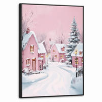 LEINWAND Bilder mit Rahmen - Weihnachtsdorf - Rosa - Winter - Schnee - Häuser - 70x100 - Altrosa, Textil (70/100cm) - MuchoWow