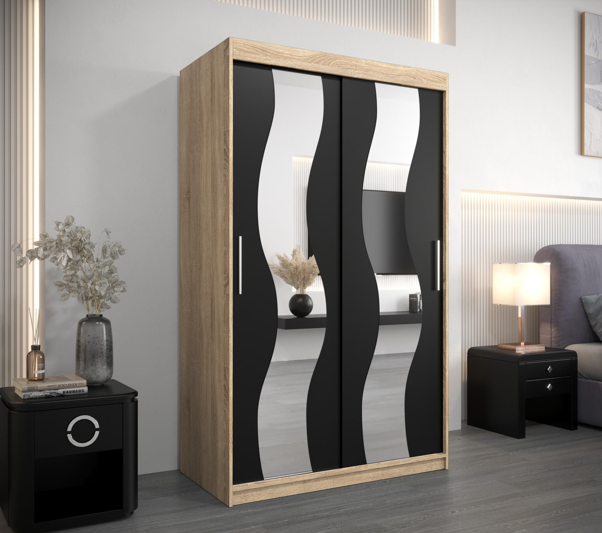 SCHWEBETÜRENSCHRANK 200/120/62 2-türig - Silberfarben/Schwarz, Holz/Kunststoff (120/200/62cm) - Abiks Möbel