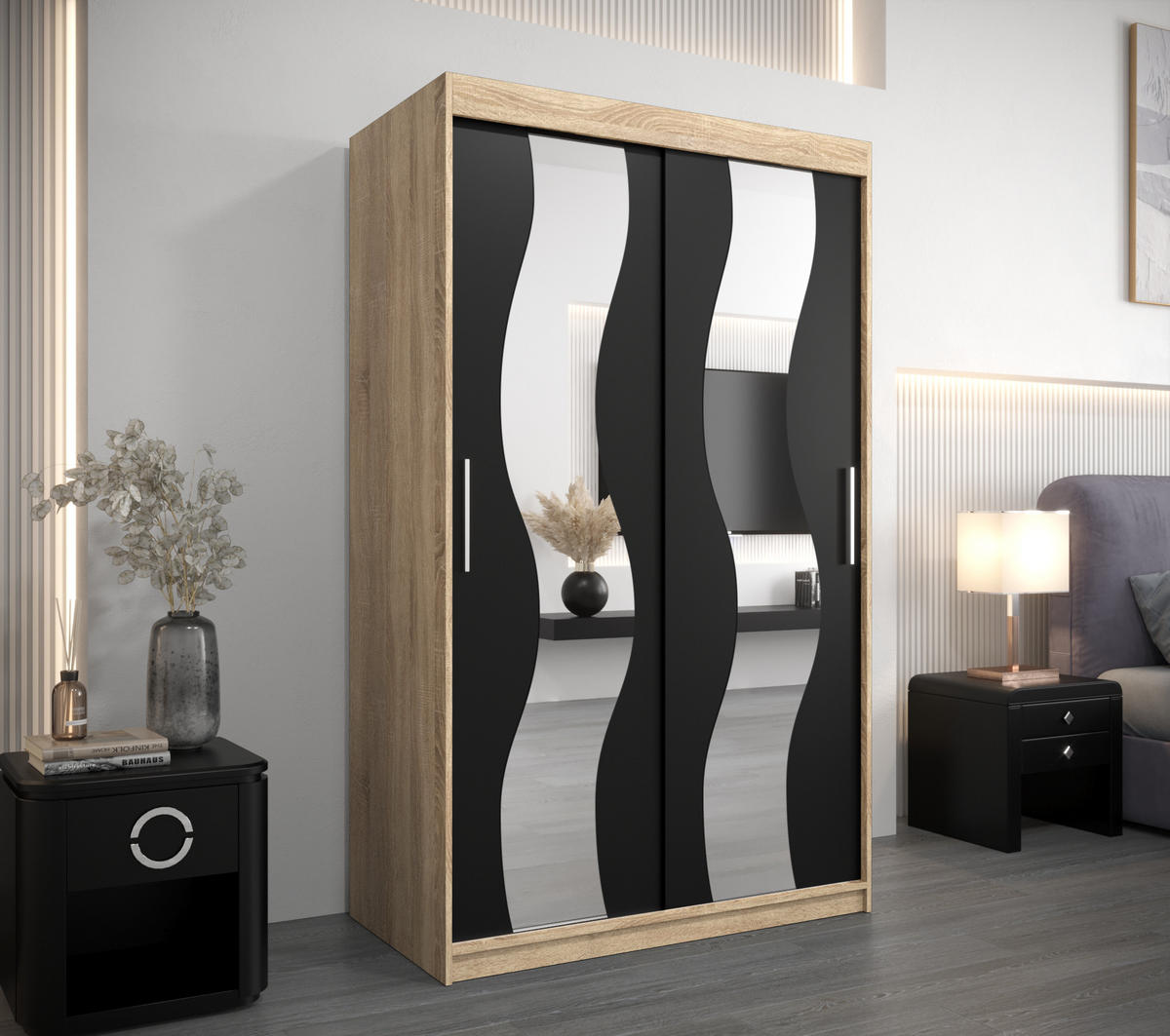 SCHWEBETÜRENSCHRANK 200/120/62 2-türig - Silberfarben/Schwarz, Holz/Kunststoff (120/200/62cm) - Abiks Möbel