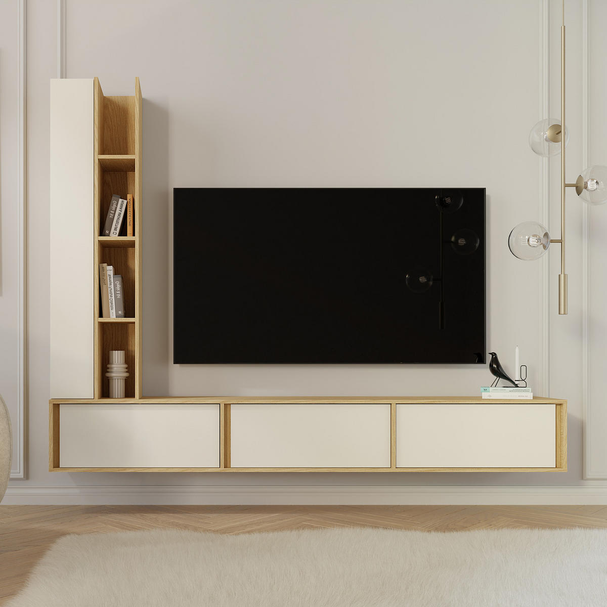 TV STOLEK Vero se 3 dvířky, závěsný nebo stojící, 230 cm, jarní dub + Macadamia - kašmírová/barva dubu, kompozitní dřevo (230/40/35cm) - Beautysofa