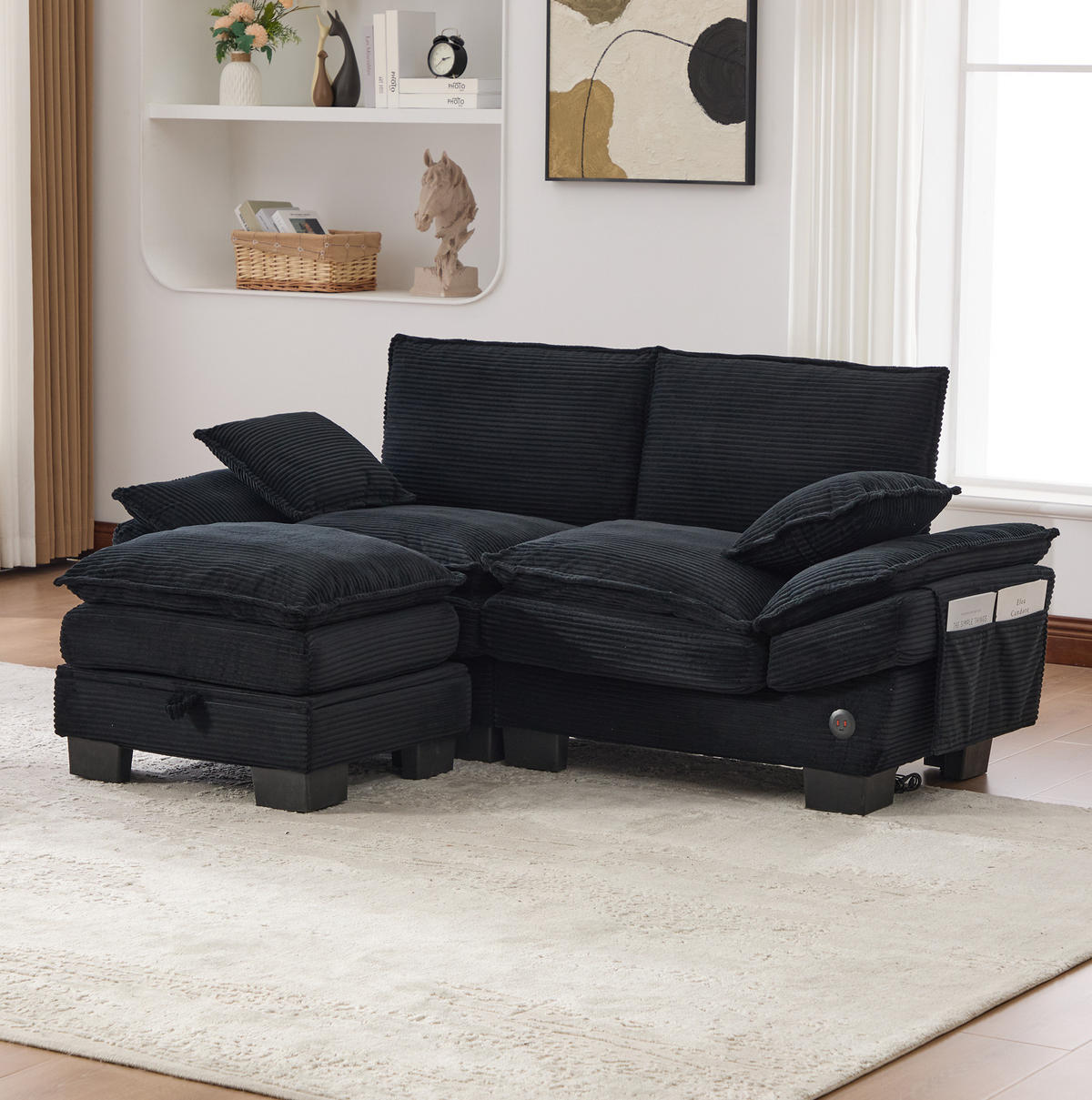 SOFA 2-Sitzer mit Hocker 190 x 132 cm Cord Schwarz - Schwarz, Kunststoff (132/190cm) - Meubliv