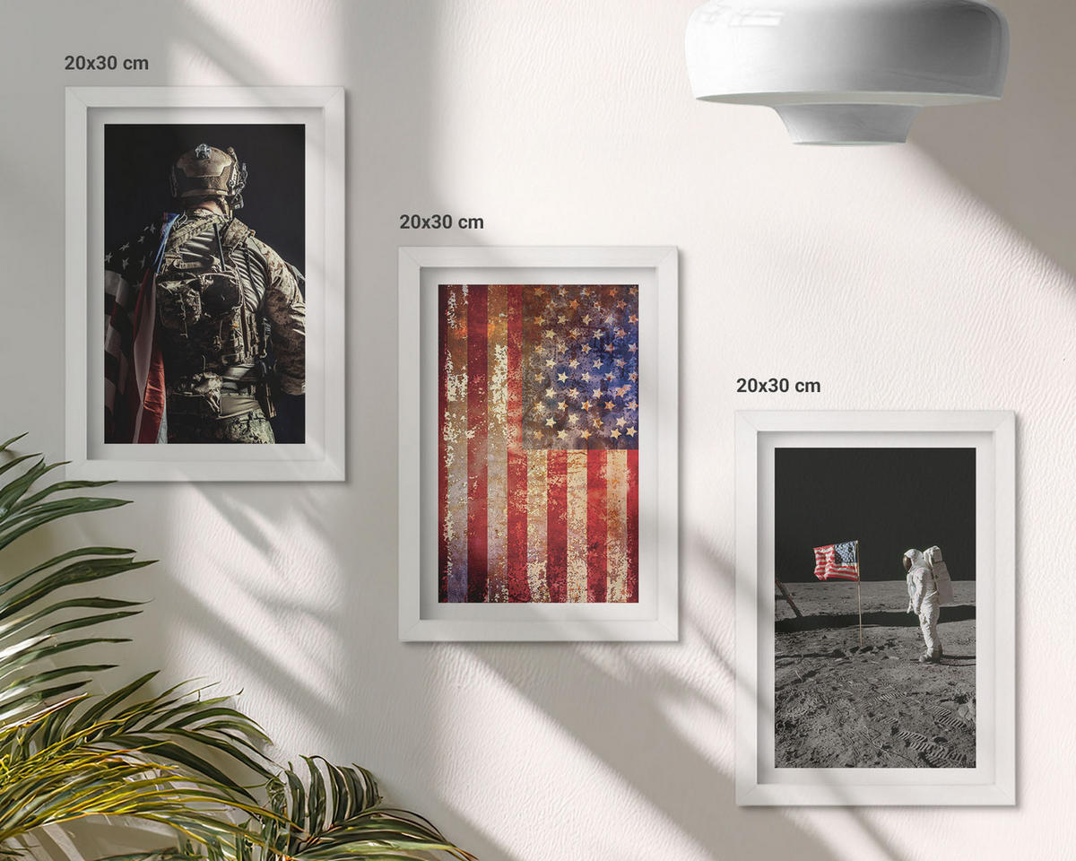 BILDER SET 3er Set - 20x30 cm Weißer Rahmen - Amerikanische Symbole, USA-Flagge - Weiß, Kunststoff (20/30cm) - TULUP
