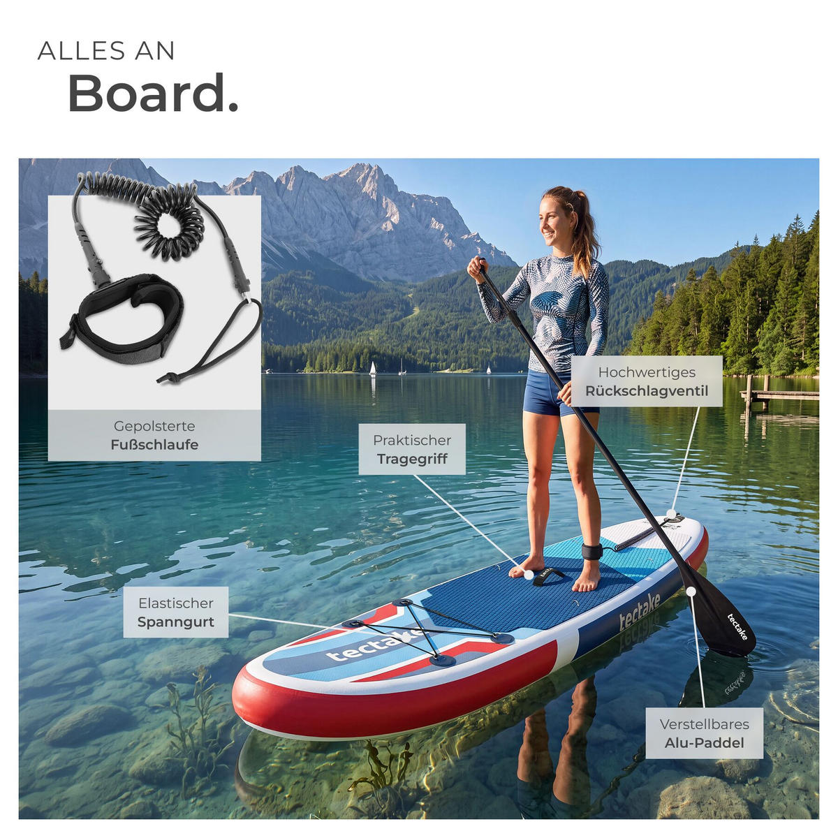 STAND-UP-PADDLE-BOARD 2in1 , 288 x 77 x 22,5 cm, rot/blau - Rot, Kunststoff (288/77/0.23cm) - tectake