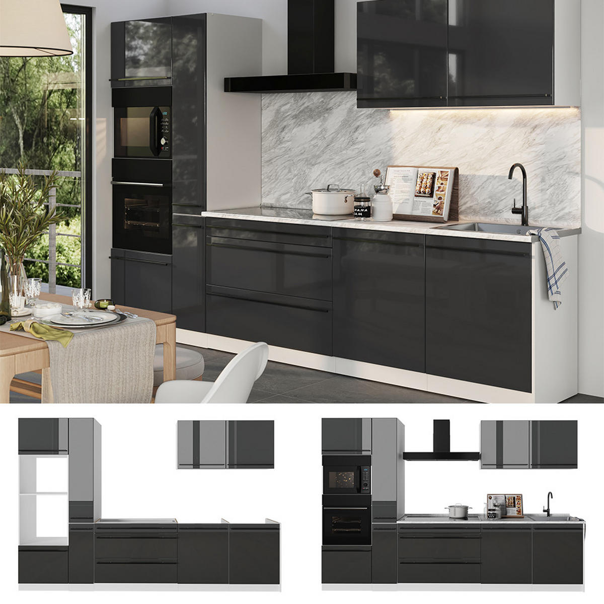 KUCHYNKA R-Line, Antracit vysoký lesk/biely, 310 cm Goldkraft tammi työtaso - biela/antracitová, kompozitné drevo (310/206.8/60cm) - Vicco
