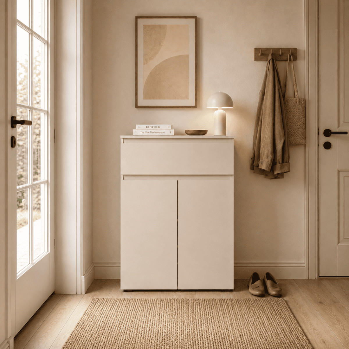 SCHUHSCHRANK mit 2 Türen und 1 Schublade, Kaschmir 40/131/80 cm - Beige, Holzwerkstoff (40/131/80cm) - Calicosy