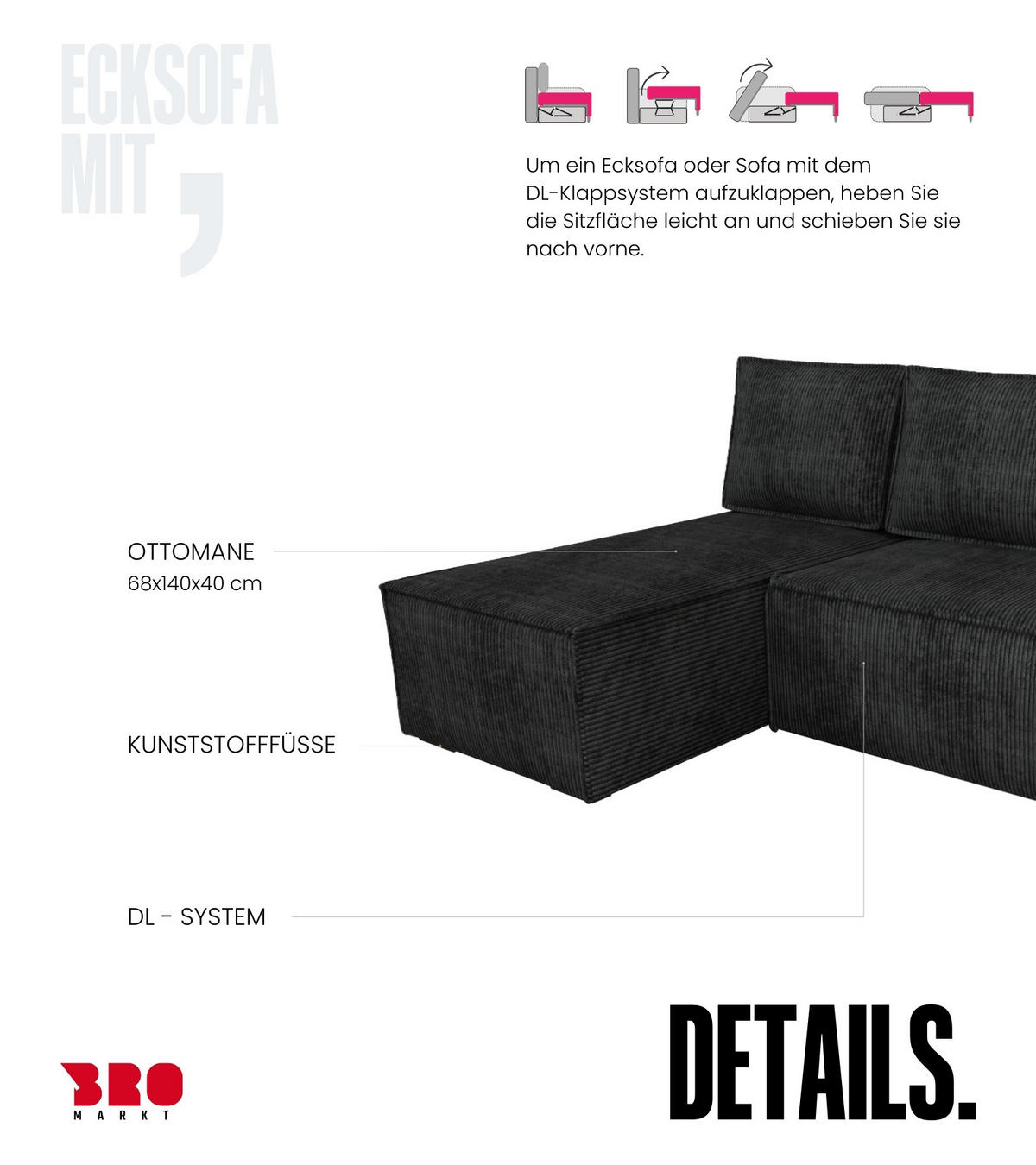 ECKSOFA Hector mit Schlaffunktion Schwarz Cord - Schwarz, Textil (200/141cm) - Bromarkt