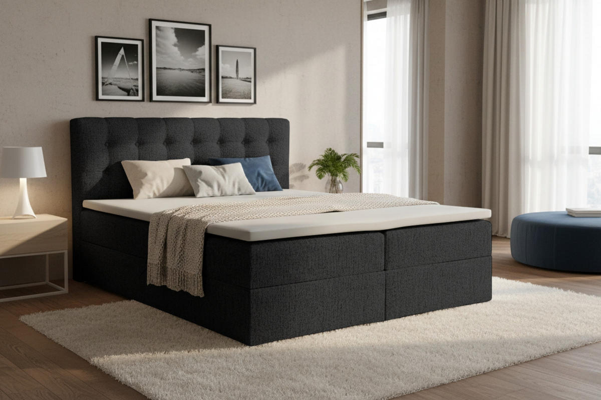 BOXBETT CINDY 180/200 in Stoff Schwarz H3 - Schwarz, Holz/Holzwerkstoff (180/200cm) - Deine Möbel 24