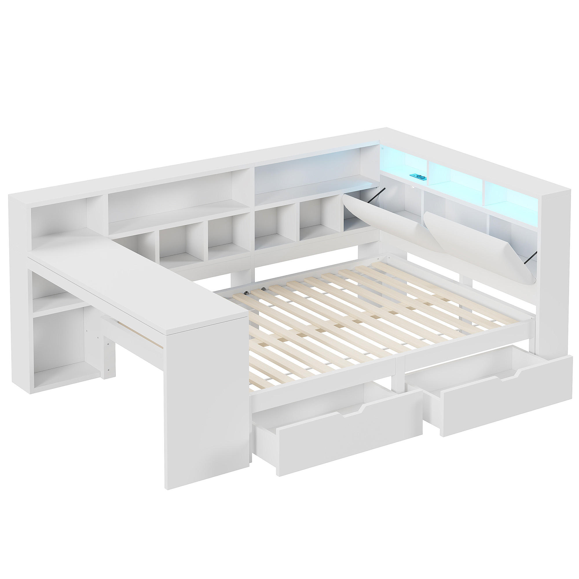 STAURAUMBETT 140/200 cm DE-03367, mit Bücherregal, gepolstertem Kopfteil, Schubladen und LED, in Weiß - Weiß, Holzwerkstoff (140/200cm) - ComfortXL