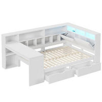 STAURAUMBETT 140/200 cm DE-03367, mit Bücherregal, gepolstertem Kopfteil, Schubladen und LED, in Weiß - Weiß, Holzwerkstoff (140/200cm) - ComfortXL