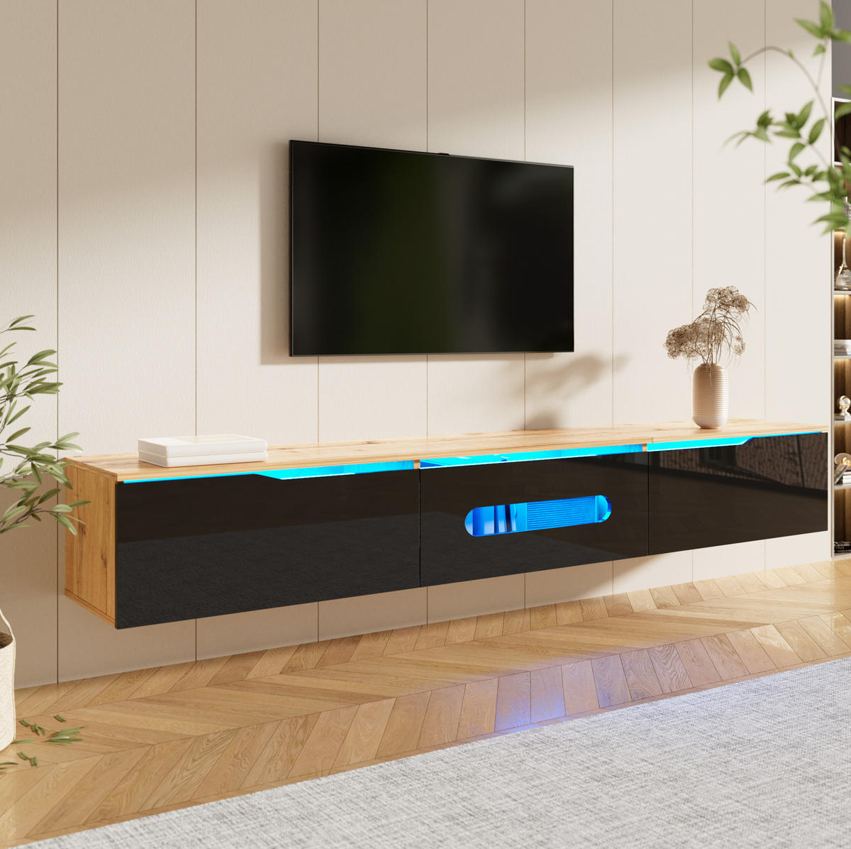 TV-SCHRANK Hochglanz in Schwarz und Holzfarbe 180/35/30 cm - Schwarz, Holzwerkstoff (180/30/35cm) - Redom