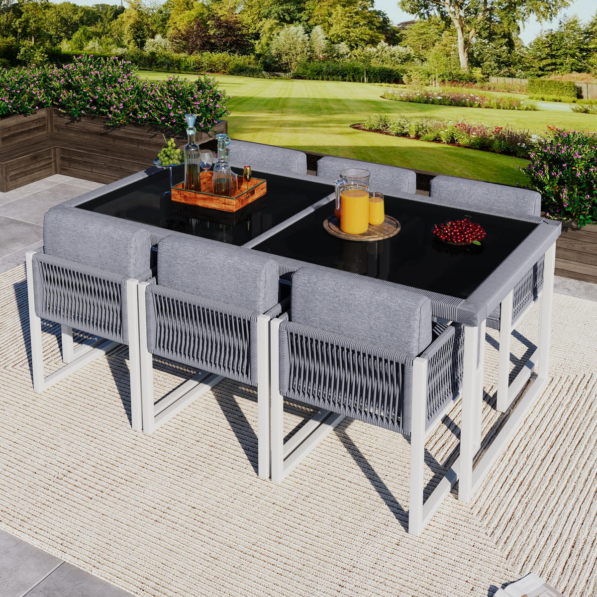 GARTENLOUNGE-SET Garten-Essgruppe 6 personen Outdoor Gartenmöbel,abnehmbarer Bezug - Weiß/Grau, Glas/Textil - STILVORA