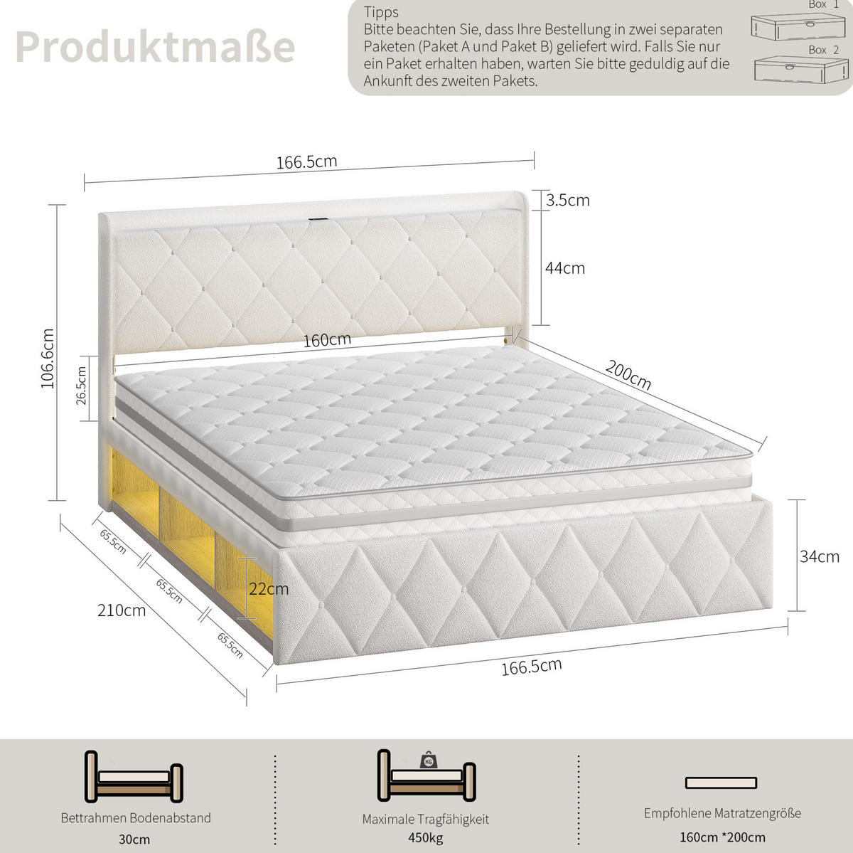 POLSTERBETT 160/200 cm aus Teddy-Stoff mit USB-Ladefunktion und LED-Beleuchtung Weiß - Weiß, Fell (160/200cm) - Modenvie