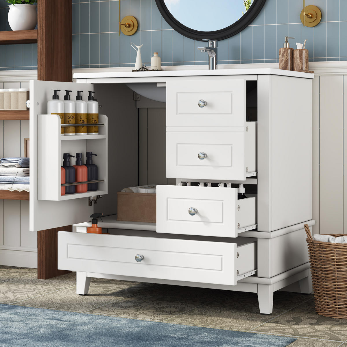 BADEZIMMERSCHRANK Weiß Lackiert 3 Schubladen Tür Stauraum 81cm - Weiß, Keramik (81/86/47cm) - FLIEKS