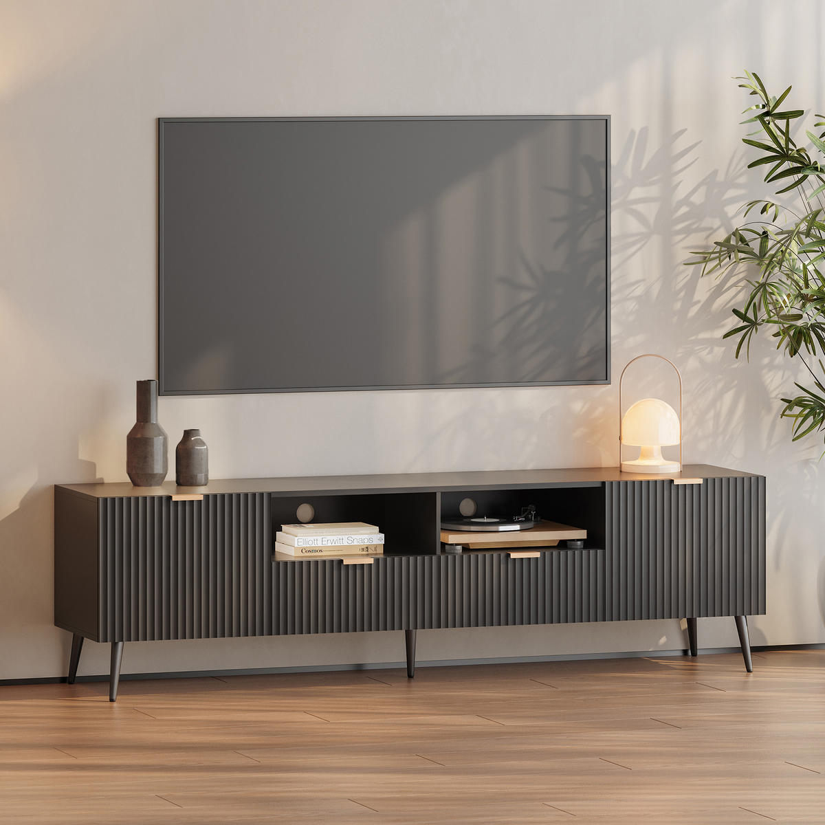 TELEVÍZNA SKRÍŇ Nand - čierna, kov/kompozitné drevo (40/51/180cm) - [en.casa]