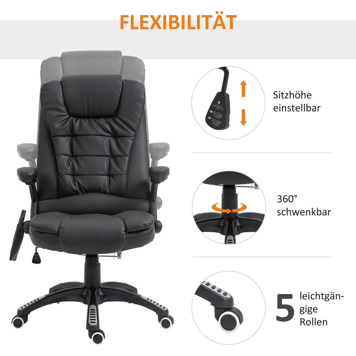 MASSAGESESSEL Bürostuhl Drehstuhl mit Wärmefunktion Chefsessel Bürosessel - Schwarz, Kunststoff (70/121/70cm) - HOMCOM