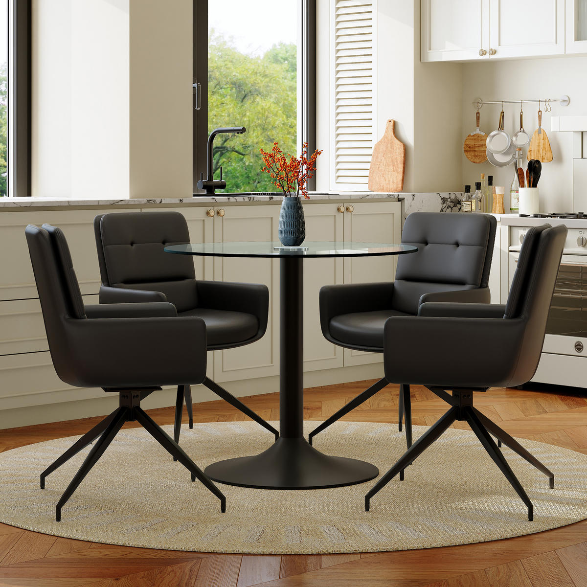 ESSGRUPPE DE-39489 5-teilig, Glastisch und 4 Drehstühlen Schwarz - Schwarz, Metall (85/75/85cm) - ComfortXL