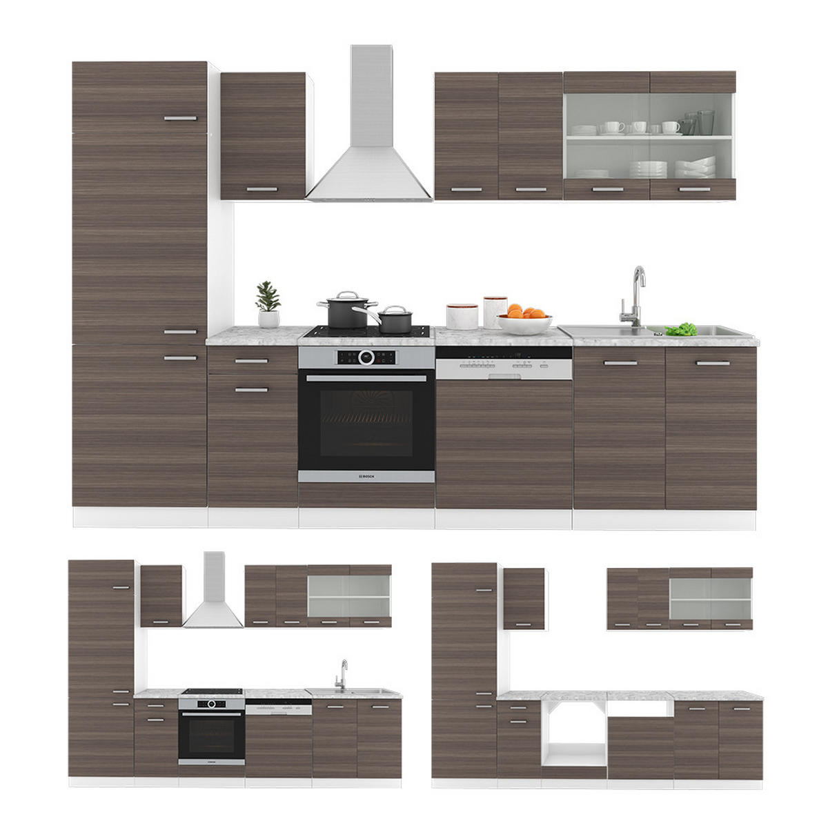 KÜCHE R-Line Edelgrau/Weiß 300 cm, AP Marmor - Braun/Weiß, Holzwerkstoff (300/81.6/60cm) - Vicco