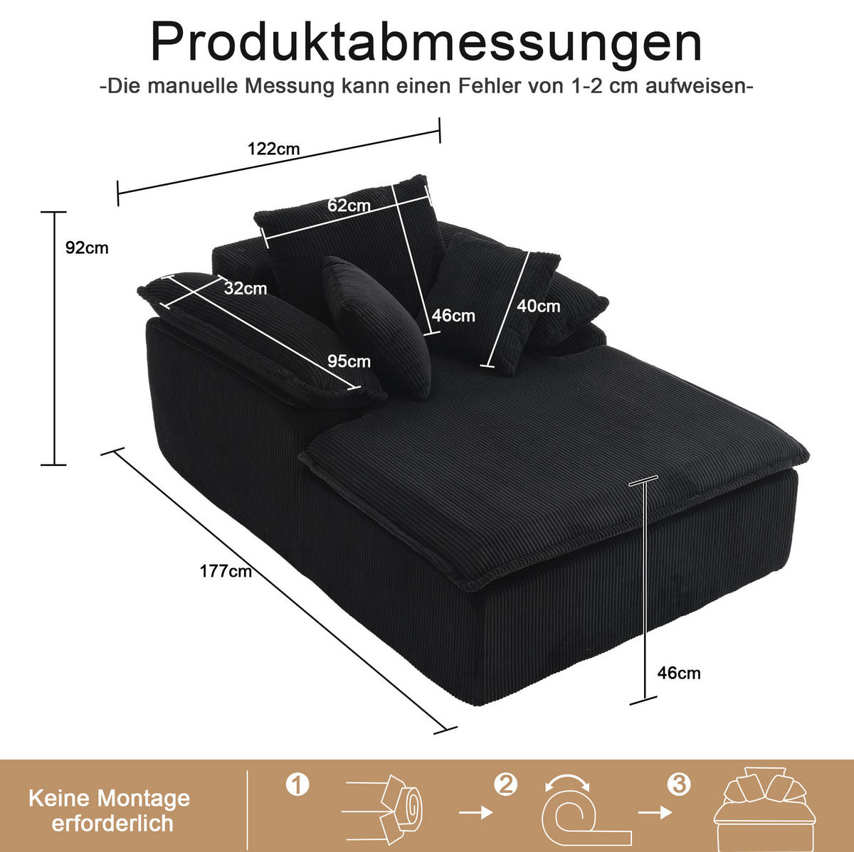 RELAXSOFA Cord ergonomisch mit breiten Armlehnen 177/122/92 cm Schwarz - Schwarz, Textil (122/92/177cm) - Redom
