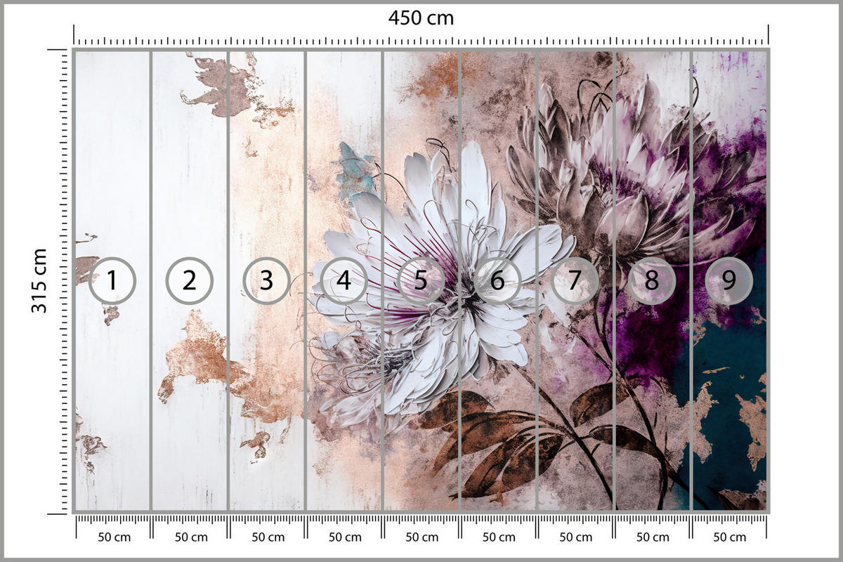 FOTOTAPETA Pre Obývaciu Izbu Kvety Listy Abstrakcia 450 x 315 cm - sivá/biela, papier (450/315cm) - Muralo