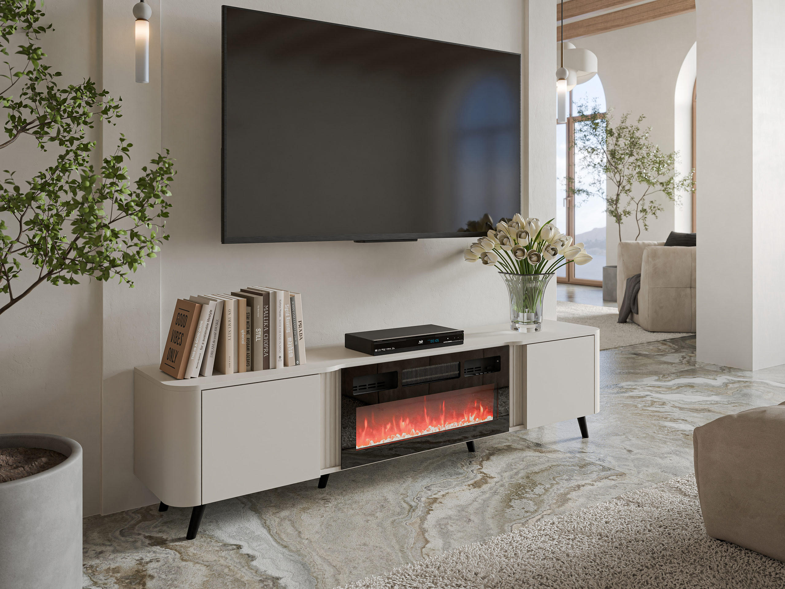 TV-LOWBOARD Volare 200 EF mit Kamin - Kaschmir/Schwarz, Holzwerkstoff/Kunststoff (200/49/39cm) - MIRJAN24