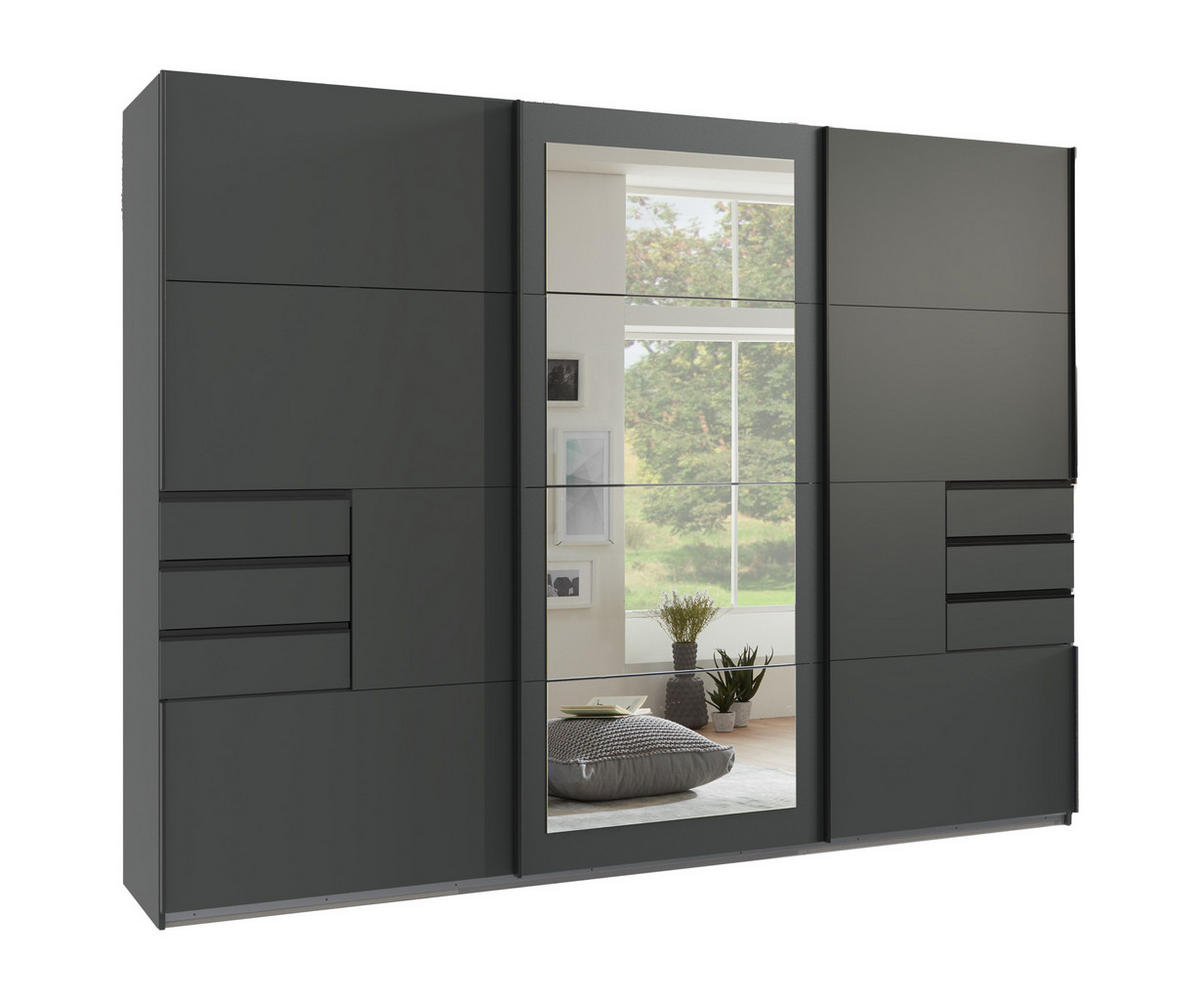 SCHWEBETÜRENSCHRANK 3-türig mit Spiegel, Schubladen, Vollausstattung in Grafit, B270/H208/64 cm / 22501 - Schwarz/Graphitfarben, Holzwerkstoff/Metall (270/208/64cm) - luma-home