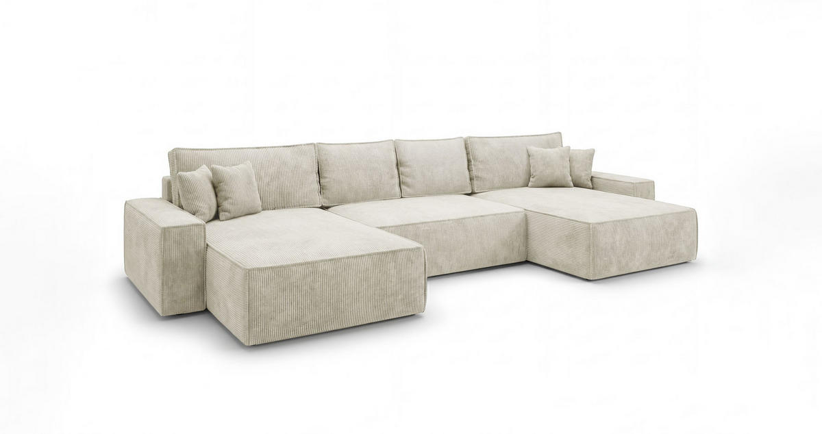 ECKSOFA CALIFORNIA U-Form weiß Cord POSO 100 - Schlaffunktion, Bettkasten - Weiß, Textil (385/185cm) - Cornero