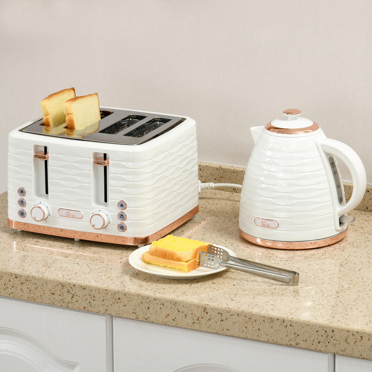 WASSERKOCHER-TOASTER-SET mit 1,7 L Wasserkocher 4 Scheiben-Toaster Cremeweiß - Creme, Kunststoff (19.5/23.2/24.1cm) - HOMCOM
