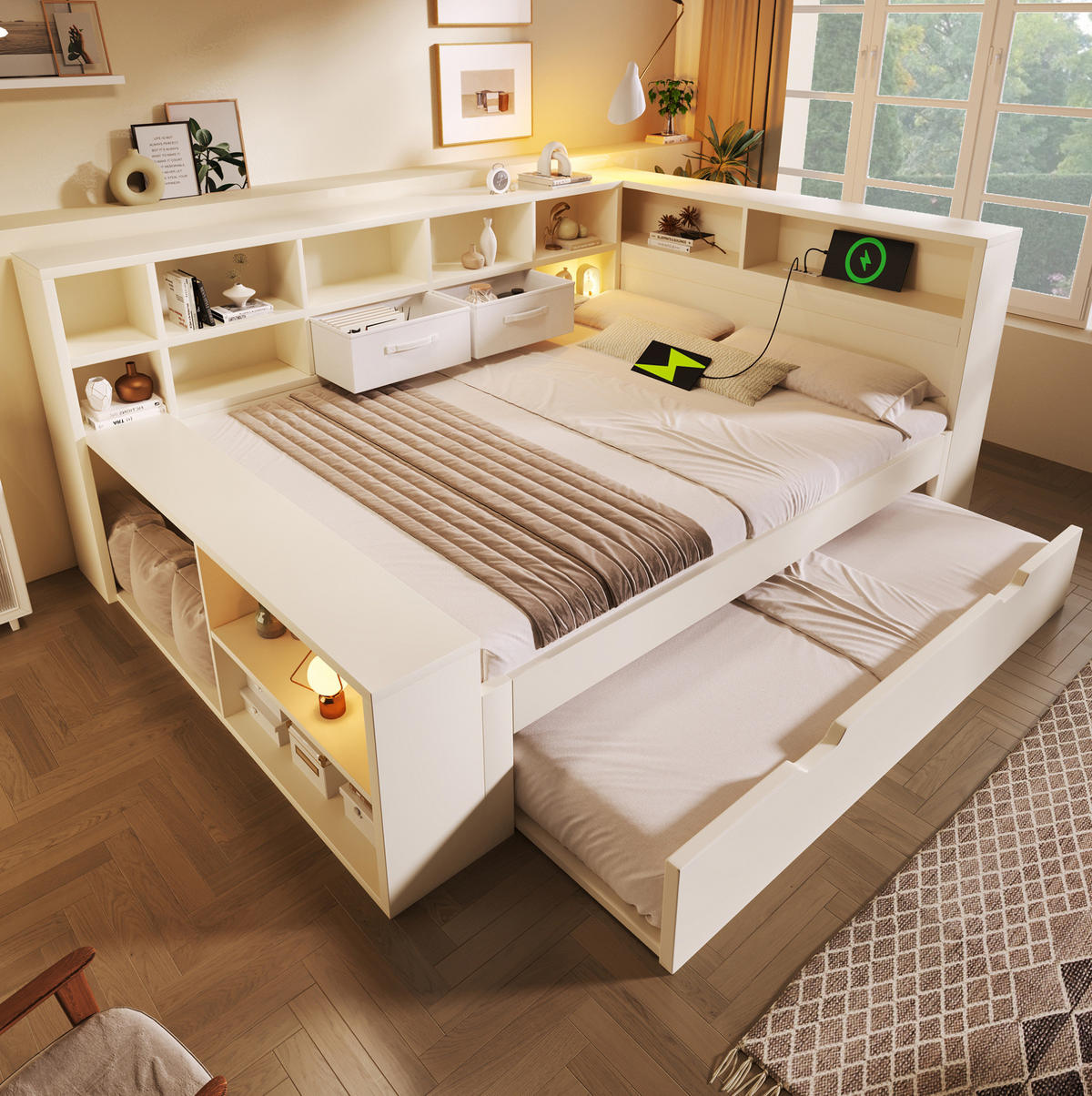 BETT 140/200 cm in Weiß mit Stauraum und USB- und Type-C-Anschlüssen - Weiß, Holz (140/200cm) - Flora Grace