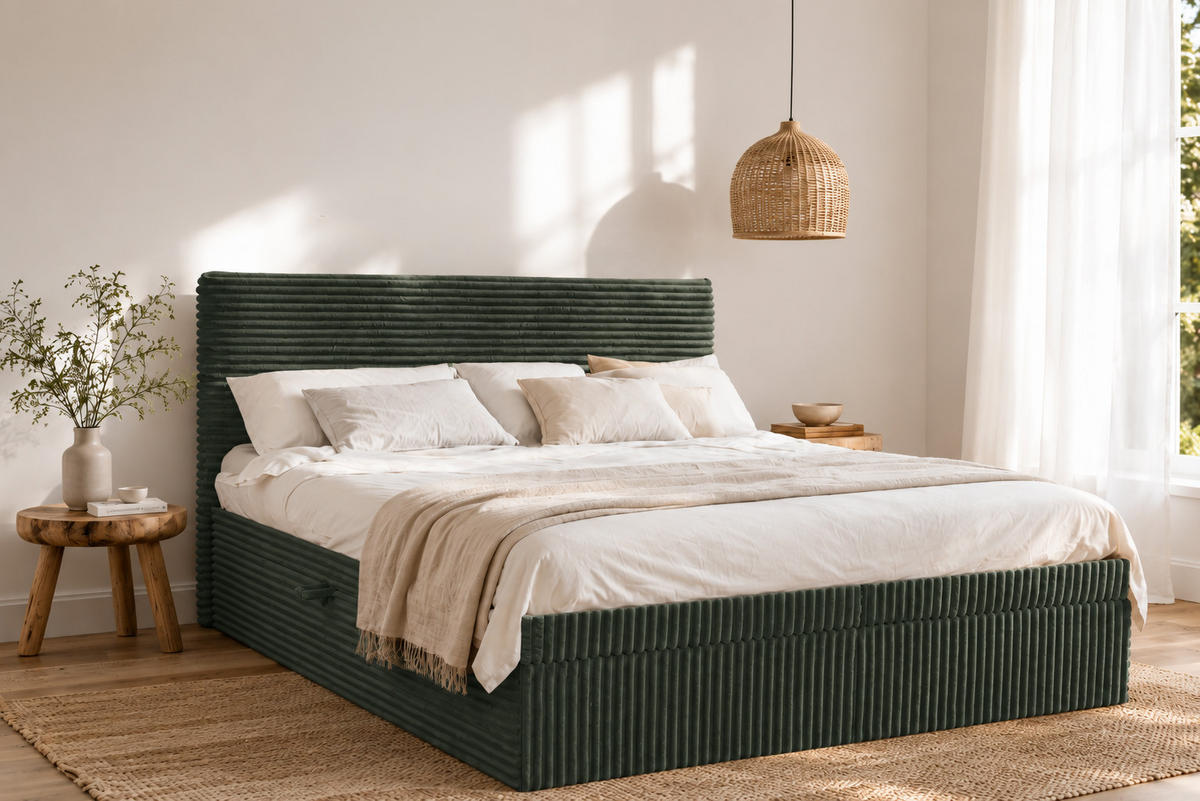 BOXBETT Bettkasten Und Topper TRENTO Ohne Bein Stoff Plüsch Cord 140x200 cm Grün H2-Pocket - Grün, Holz/Textil (140/200cm) - Kaiser Möbel