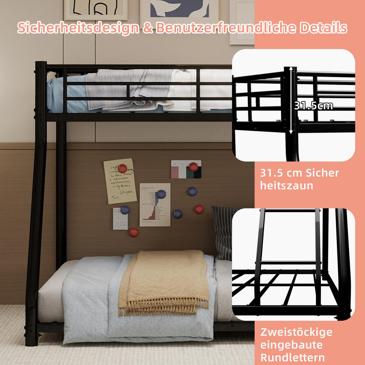 ETAGENBETT Twin-over-Full Metall - Schwarz, Metall (140/190cm) - ComfortXL