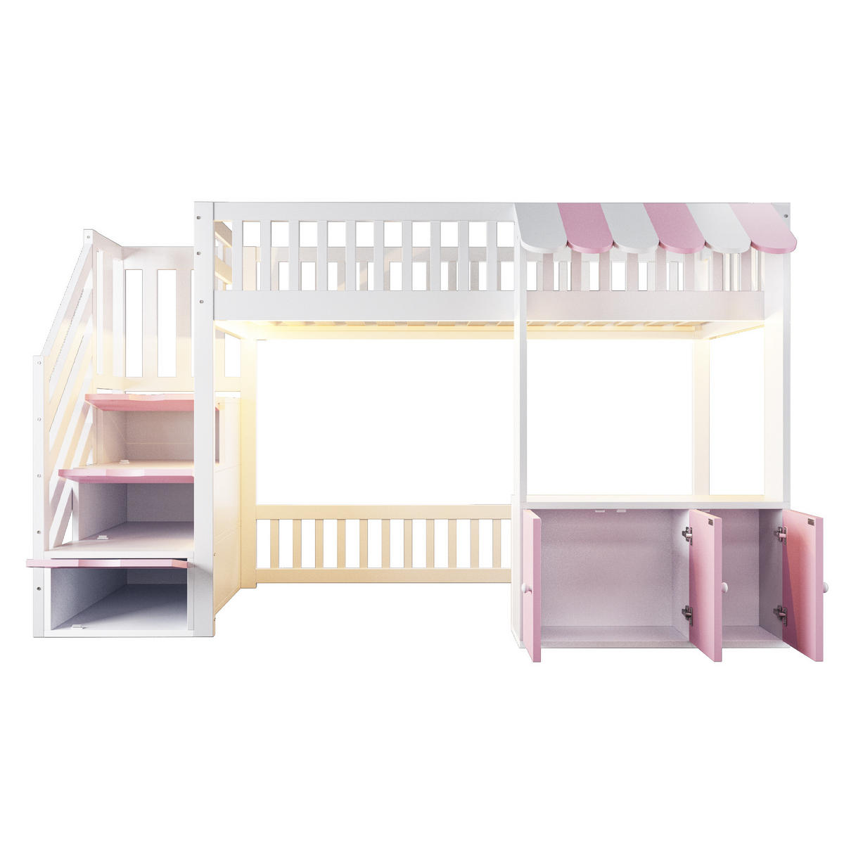 HOCHBETT mit Stauraum und Lichtleiste 90x200 cm Kiefernholz Rosa/Weiß - Pink, Holzwerkstoff (90/200cm) - Beauniv