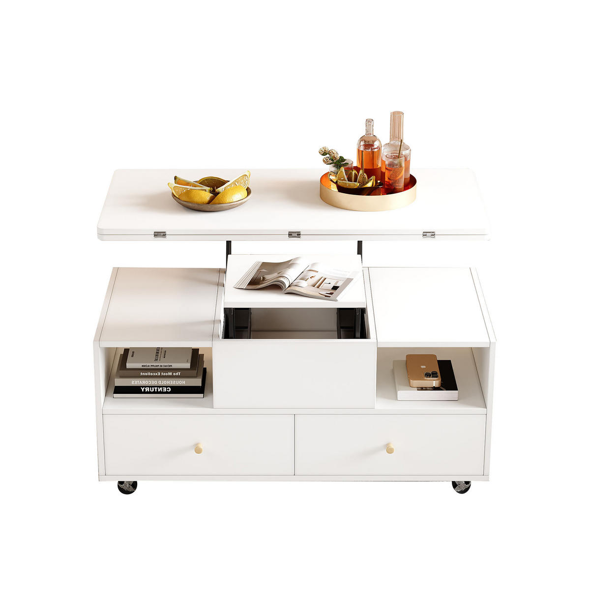 COUCHTISCH 100/50/47,5 cm Höhenverstellbar mit Klappfunktion und 4 Schubladen in Weiß - Weiß, Holzwerkstoff (100/50/47.5cm) - OKWISH