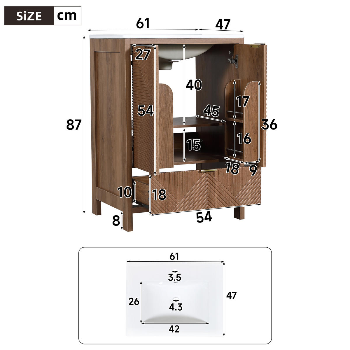 BAD-WASCHTISCHUNTERSCHRANK Walnuss mit Keramikbecken - Walnussfarben, Holzwerkstoff (61/87/47cm) - Urban Meuble