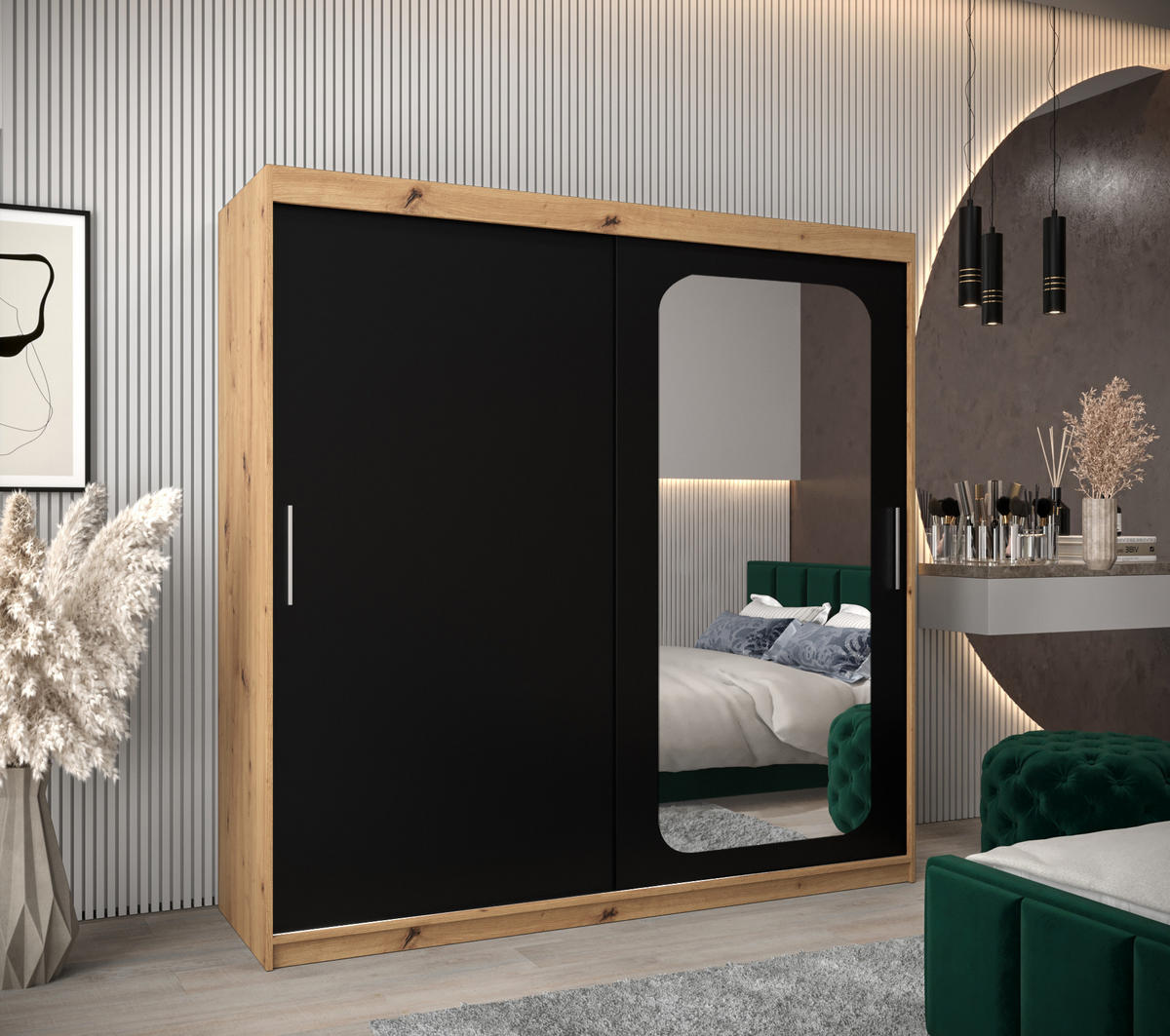 SCHWEBETÜRENSCHRANK 200/200/62 2-türig - Silberfarben/Schwarz, Holz/Kunststoff (200/200/62cm) - Abiks Möbel