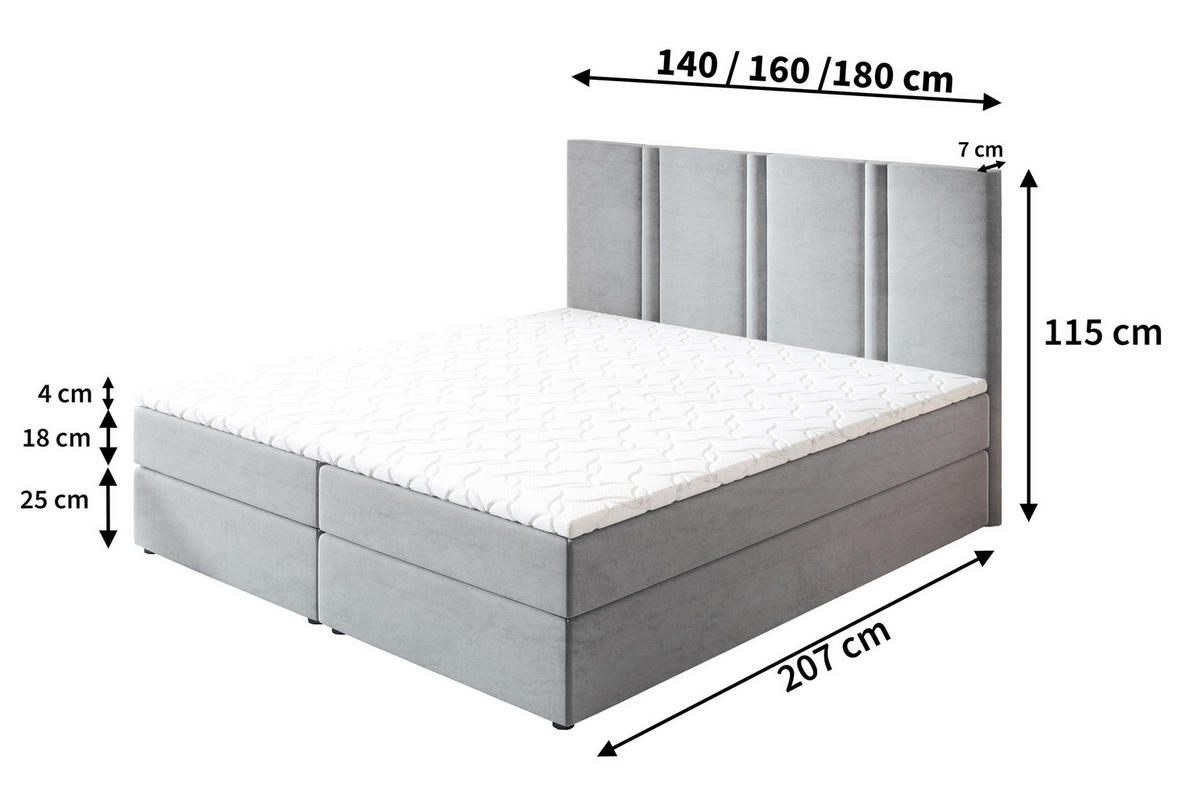 BOXBETT LARIO 140x200 cm mit Matratze und Topper - Grau - Grau, Holz (140/200cm) - MASSENO