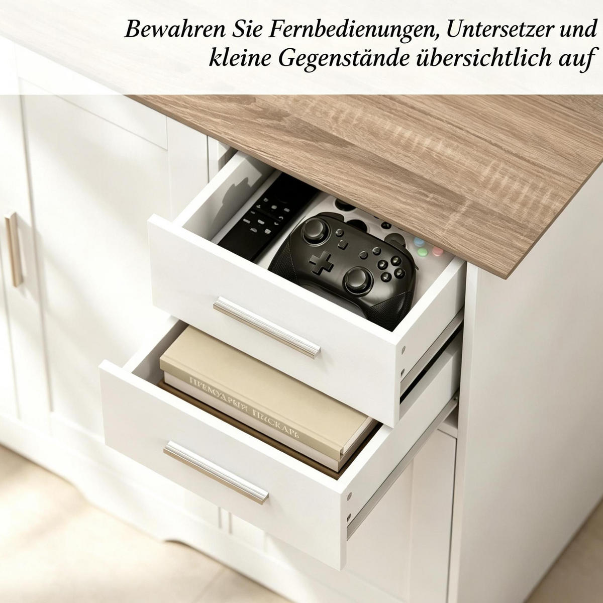 WOHNZIMMERSCHRANK in Weiß und Naturholz-Optik 100x40x78 cm mit 2 Türen und 2 Schubladen - Weiß, Holzwerkstoff (40/78/100cm) - IVMEU