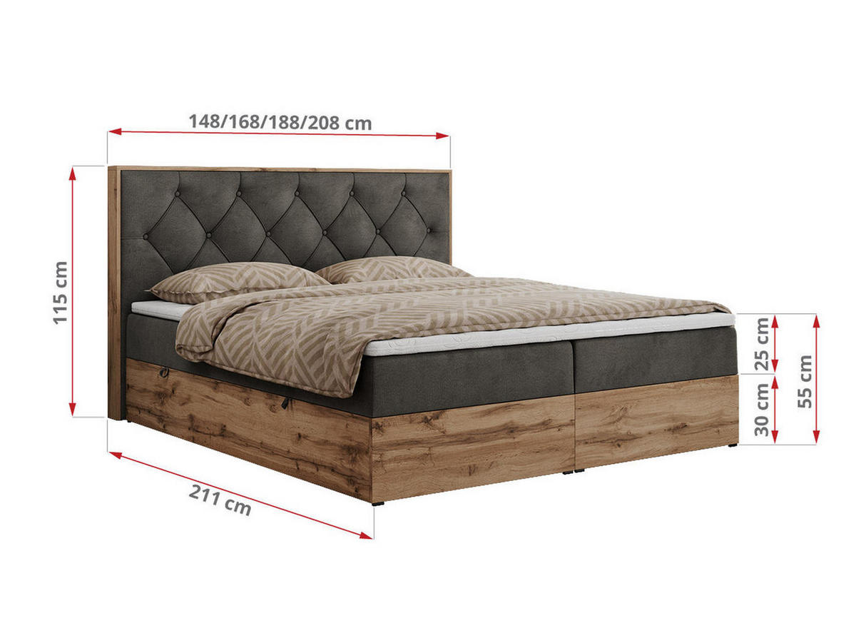 BOXBETT VENETO 200/200 Dunkelgrau Velvet - H3 - Dunkelgrau, Holz/Textil (200/200cm) - MKS