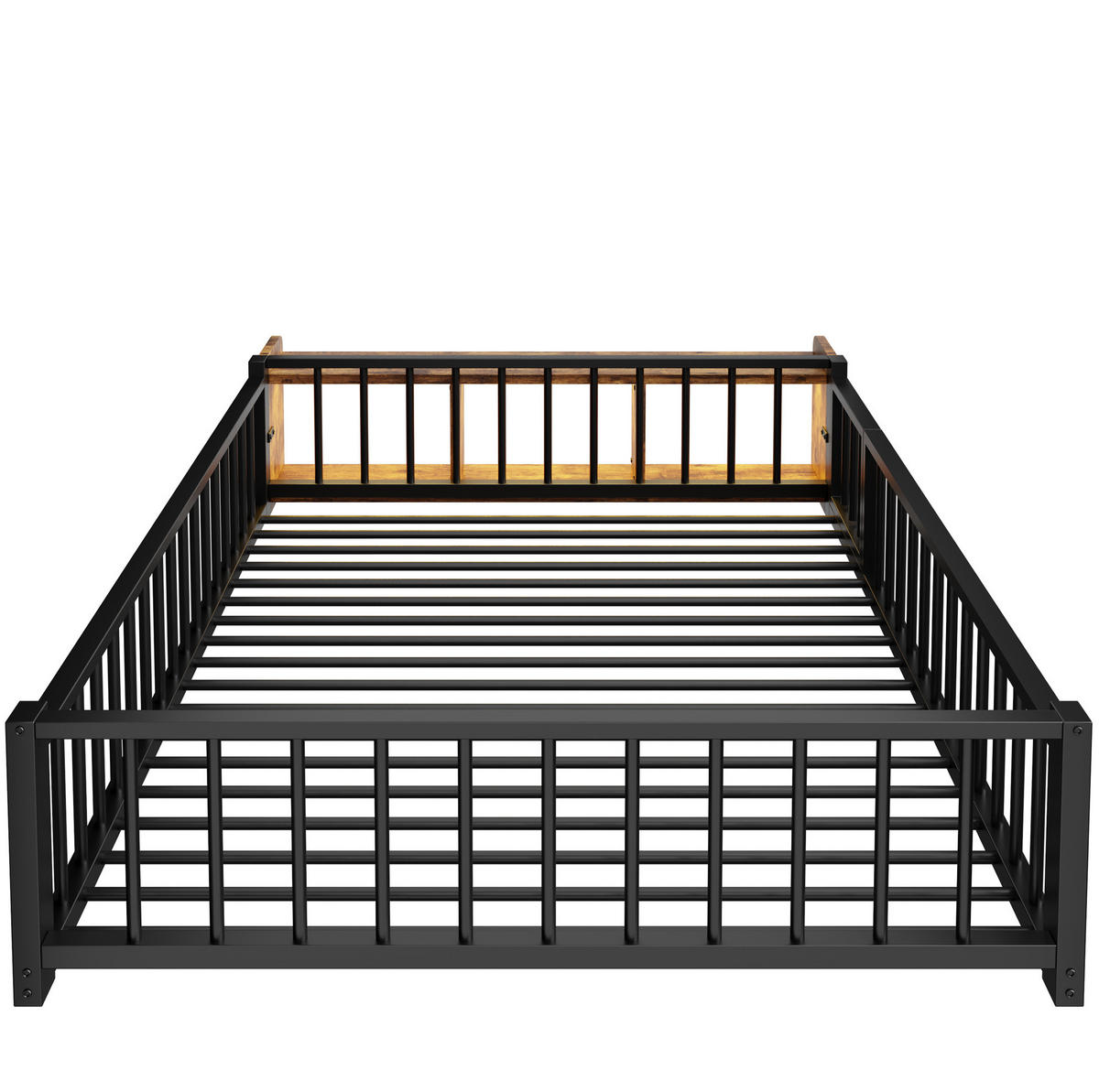 KINDERBETT 140/200 cm schwarz aus Metall und MDF mit Stauraum und LED - Schwarz, Holzwerkstoff (140/200cm) - OKWISH