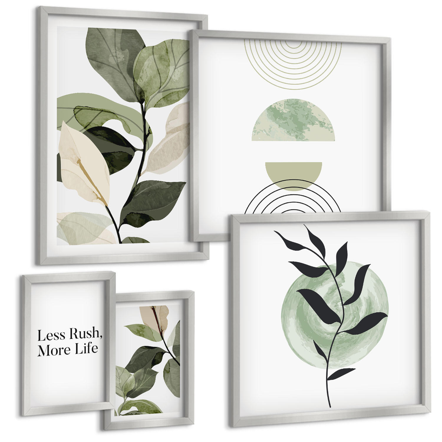 BILDER SET 5er Set - 50x50 cm & 20x30 cm & 40x60 cm Silberner Rahmen - Geometrische Pflanzenformen - Silberfarben, Kunststoff (40/60cm) - TULUP