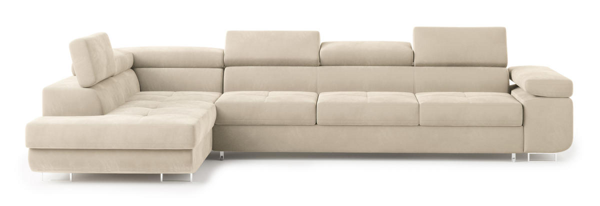 ECKSOFA VICENTE Creme Velours-Stoff mit Schlaffunktion - Creme, Holz (346/202cm) - MASSENO