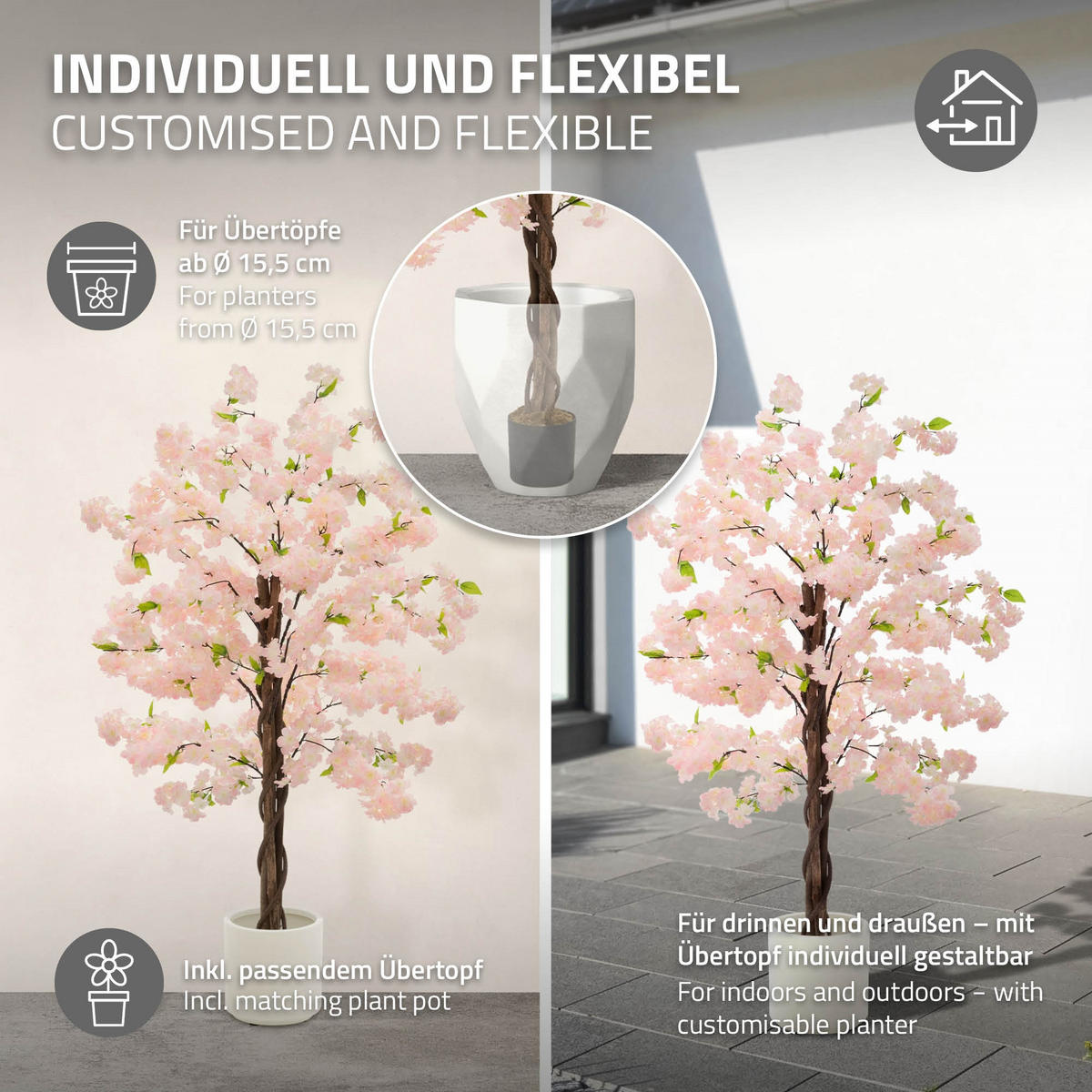 KÜNSTLICHER KIRSCHBLÜTENBAUM 150 cm Rosa mit Naturholzstamm - Pink/Schwarz, Kunststoff/Textil (150cm) - ML-DESIGN